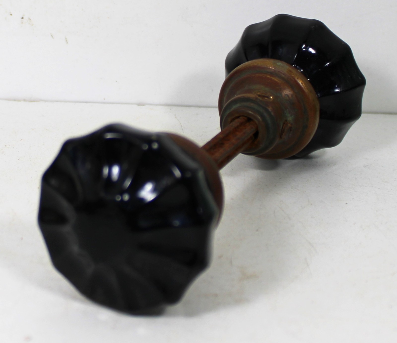 Vintage 12 Point BLACK GLASS – DARK AMBER Doorknob Brass Set & Spindle 2″ Knobs