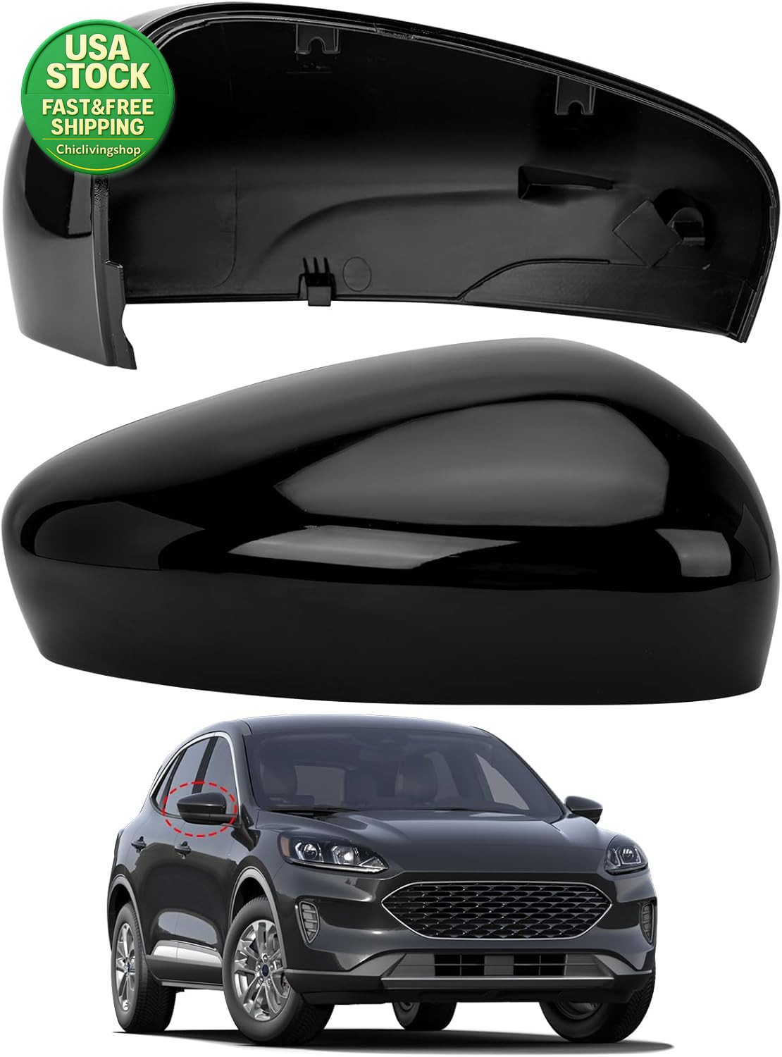 Passenger Side Mirror Cover for Ford Escape SE SEL 2020-2024 Right Side Black