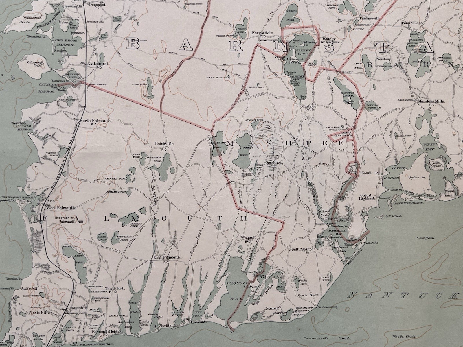 1891 Original Cape Cod Map,Falmouth,Mashpee,Sandwich,Barnstable,Mass,MA,Bay,Old