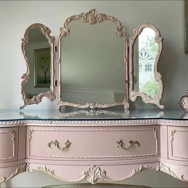 Vintage French Rococo Vanity Mirror Folding Tabletop Makeup Mirror Pink