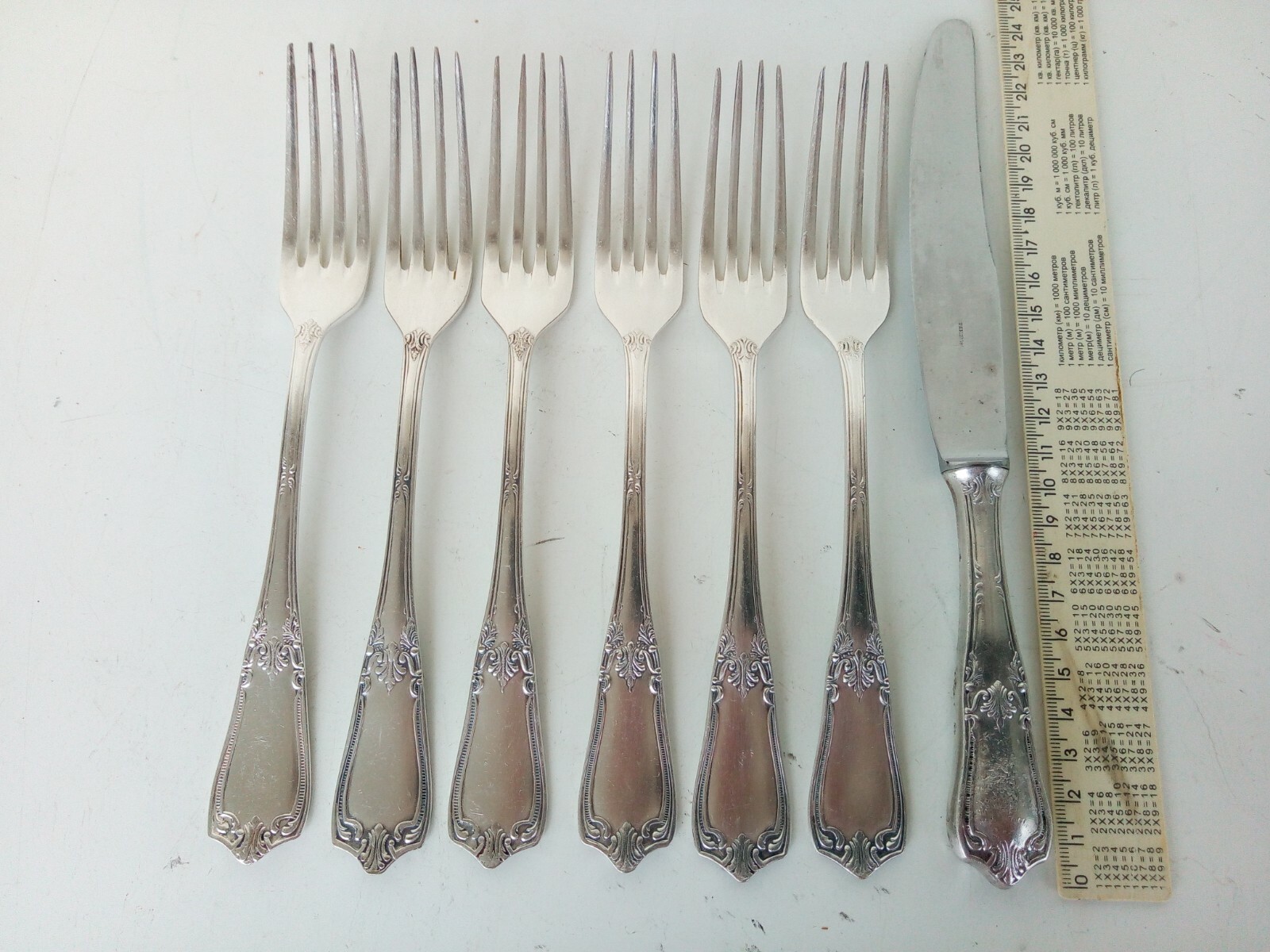 Antique – Cutlery. 6 forks and a knife. MNC 15-20, Kiev.