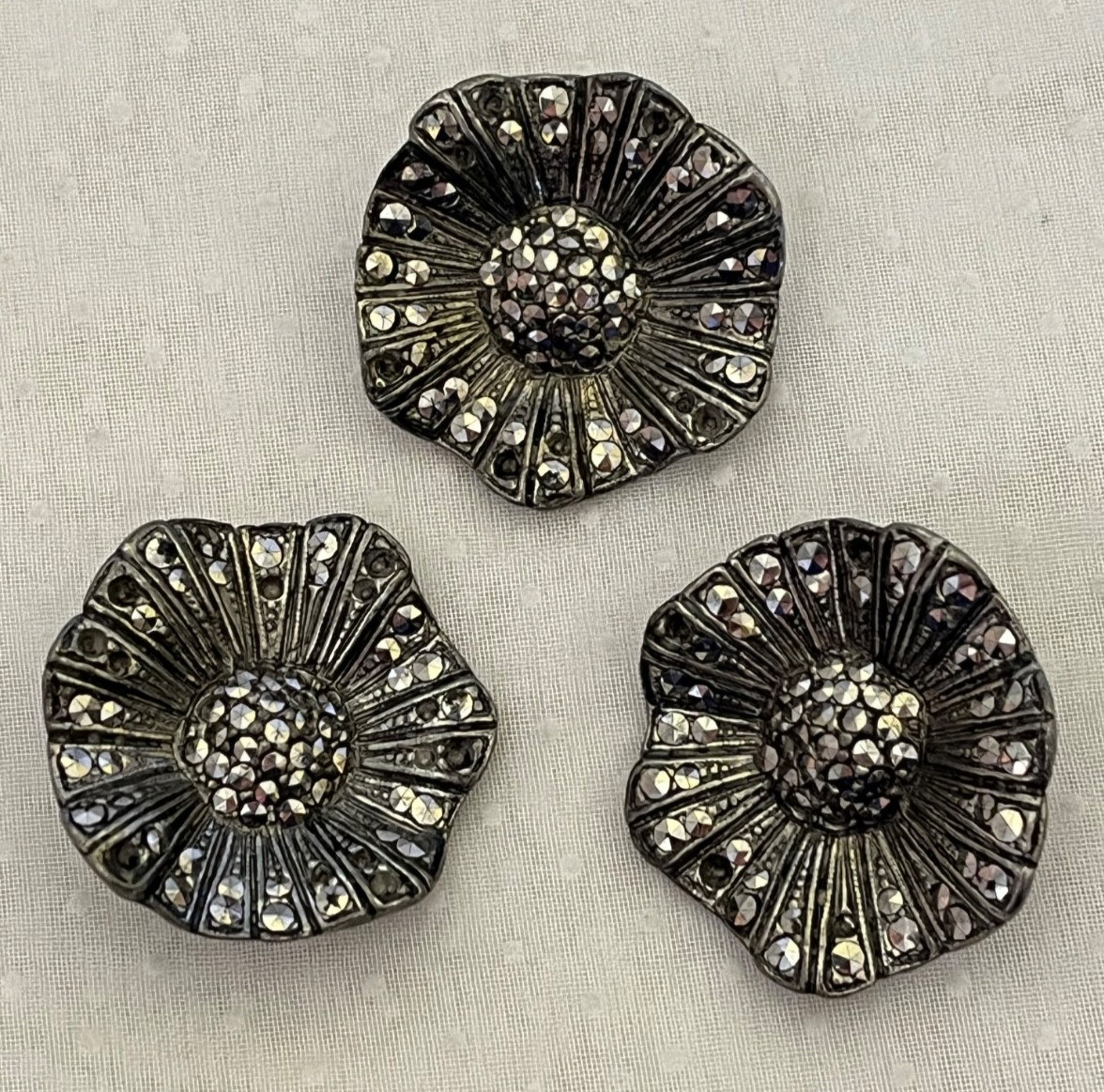 3 Antique Large 1-1/8″ Metal & Marcasite Flower Buttons