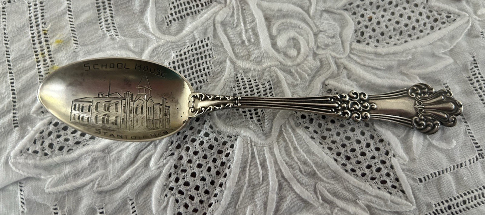 Antique Sterling Souvenir Spoon “School House Stanton NEB” !