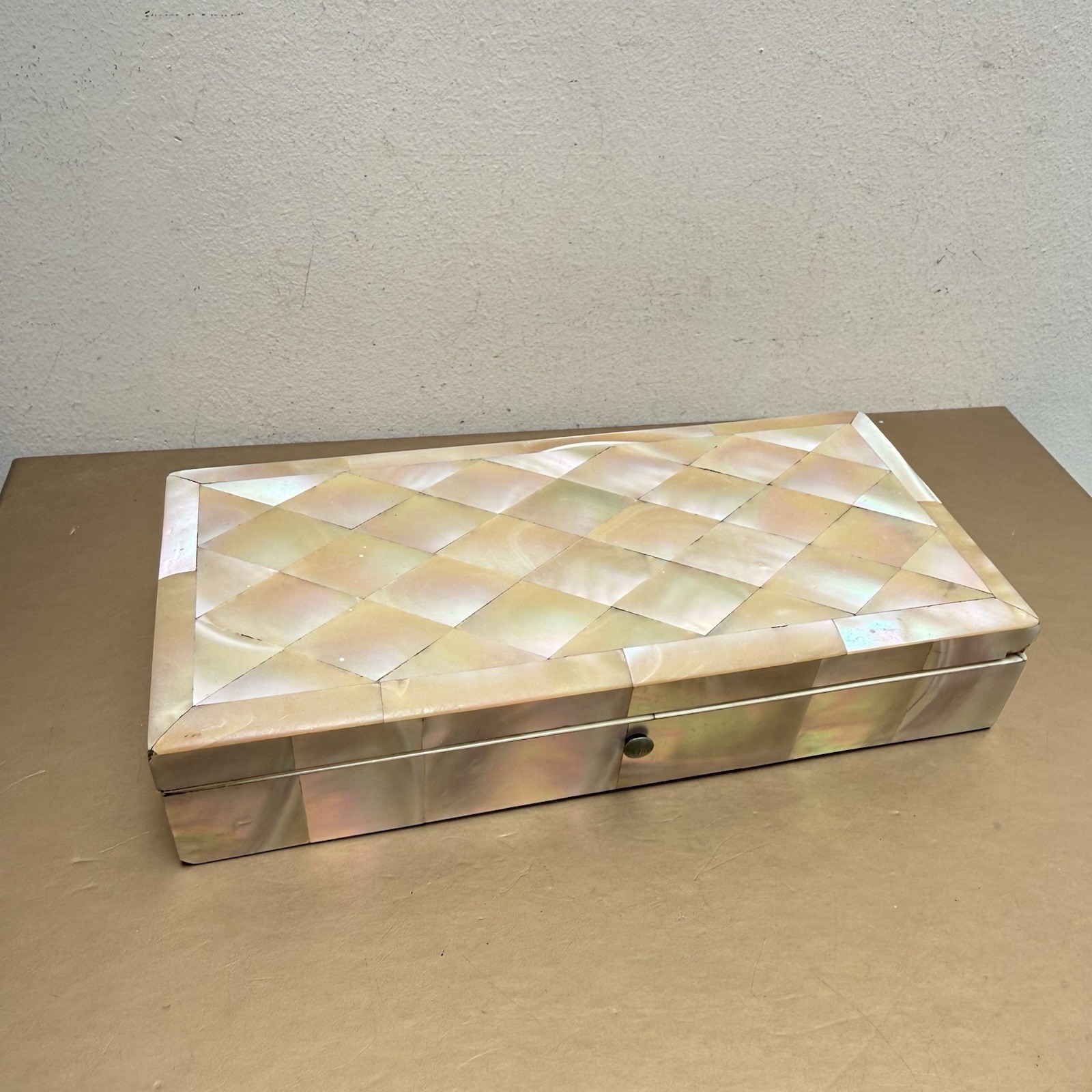 Antique Mother of Pearl Covered Rectangular Wooden Box Wood Lining No Hinges