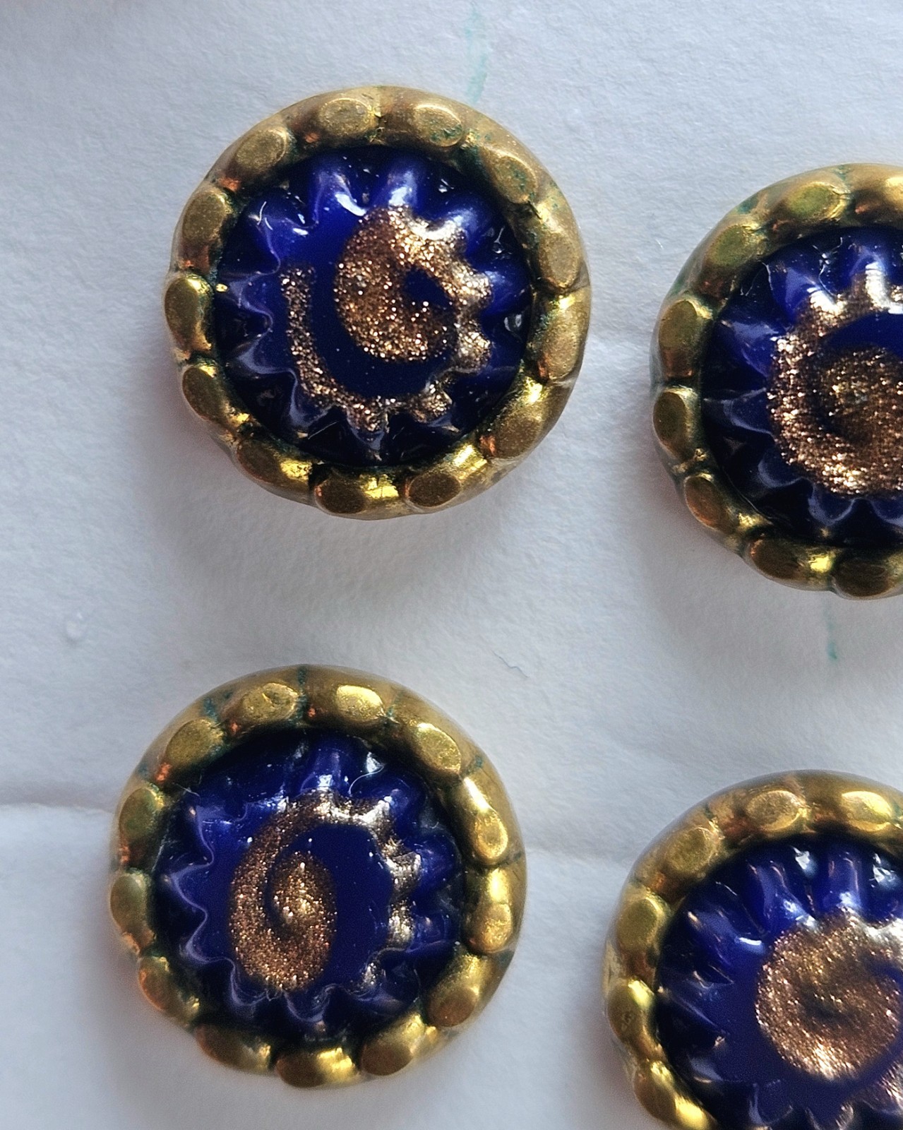 Antique Victorian Cobalt Blue Glass Brass Gold Aventurine Buttons Set Of 6