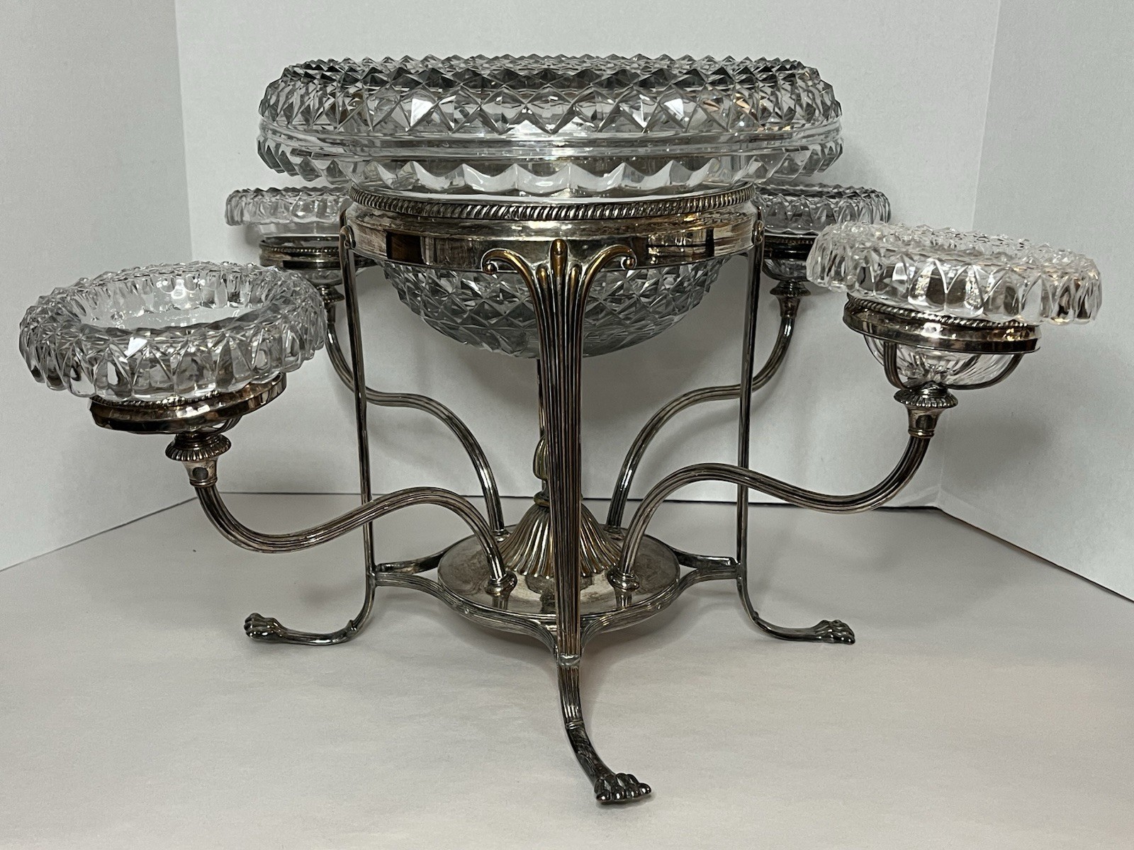 Antique Silver Plate Footed Epergne w 1 Lg 4 Sm Leaded Cut Glass Bowls