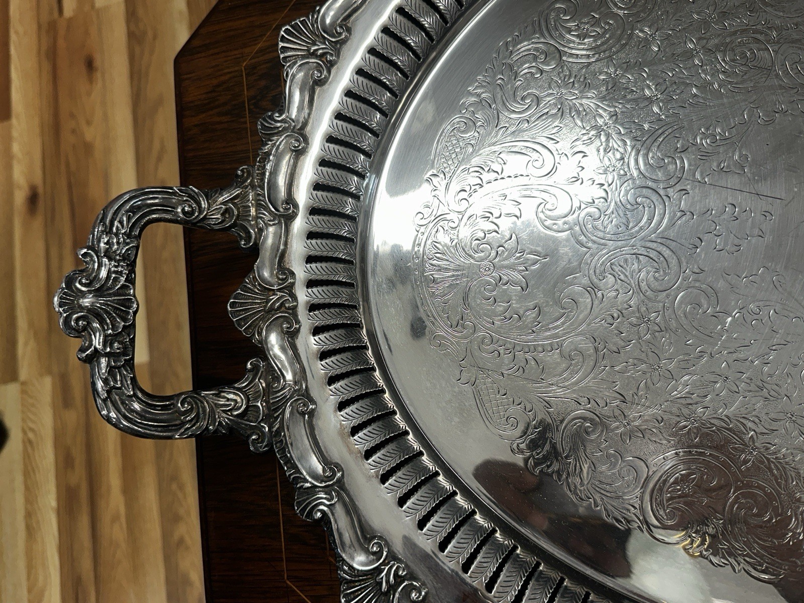 Estate Antique Silver Plate Footed Reticulated Two Handle Serving Platter Tray