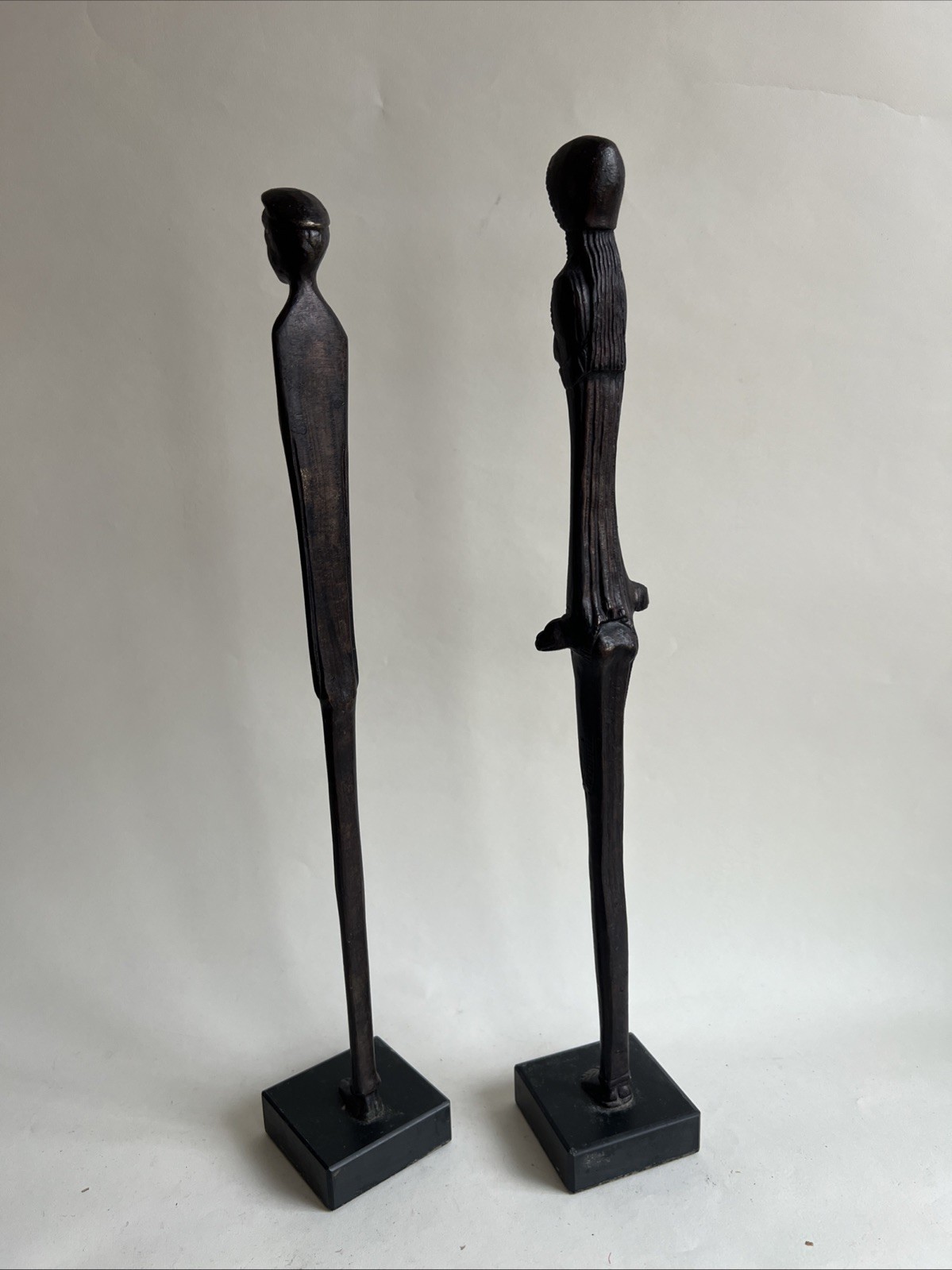 Two Large Bronze Etruscan MCM Giacometti-style Standing Greek Kore Sculptures