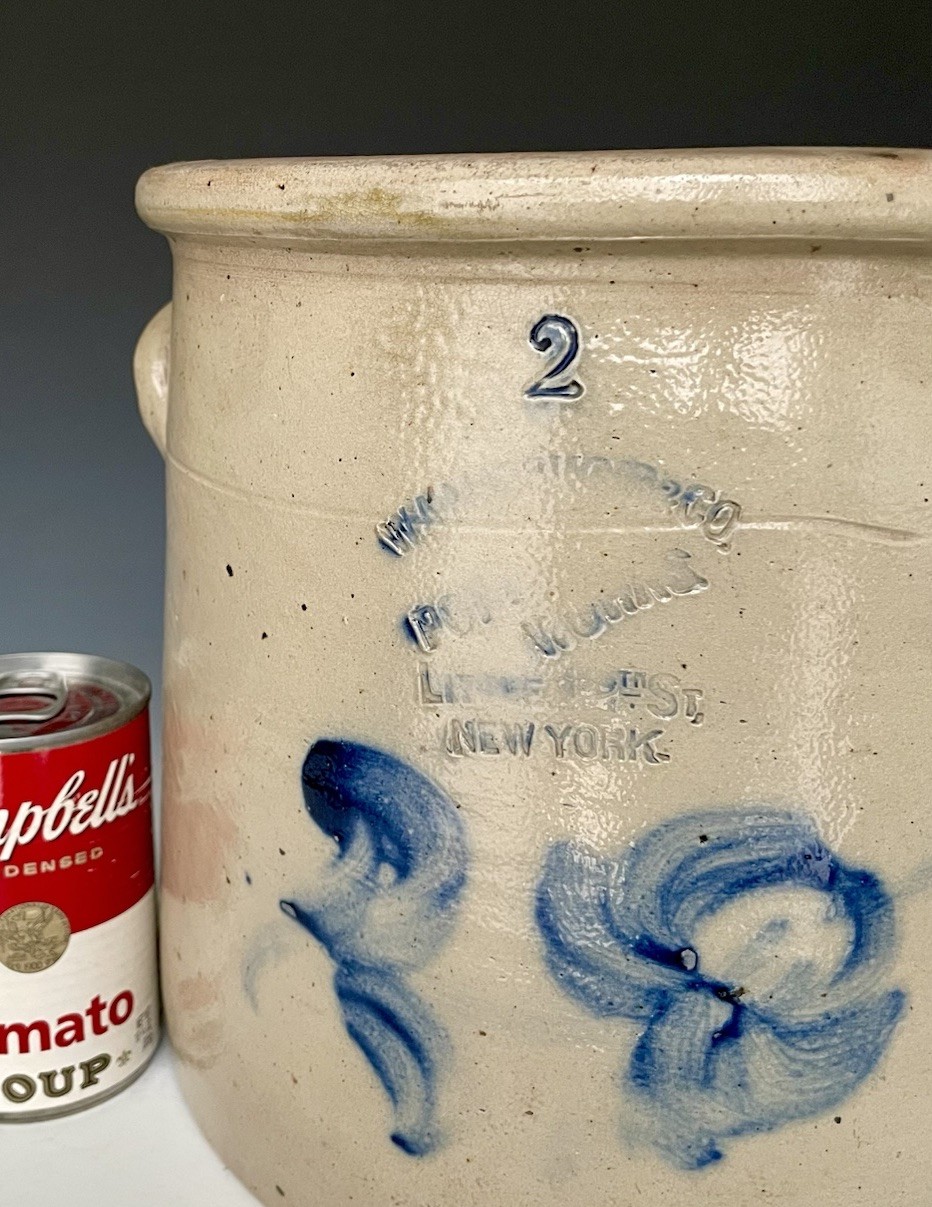 Antique Stoneware Crock w/ Cobalt Floral, Wm. MacQuoid, Manhattan NYC, 1863-1879