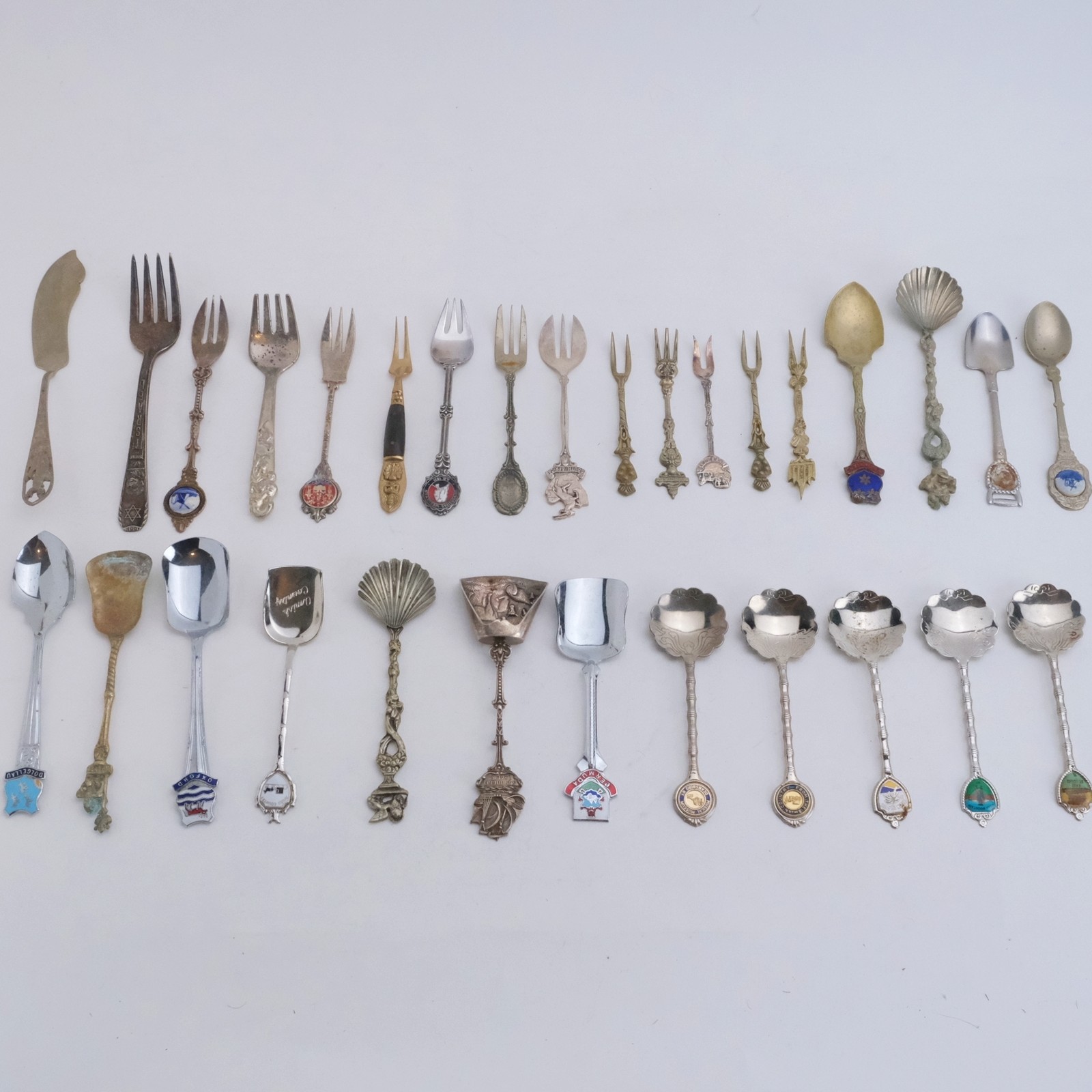 Mixed Lots Silverplate Brass 30 Piece Assortment Souvenir Spoons Forks Tea Caddy