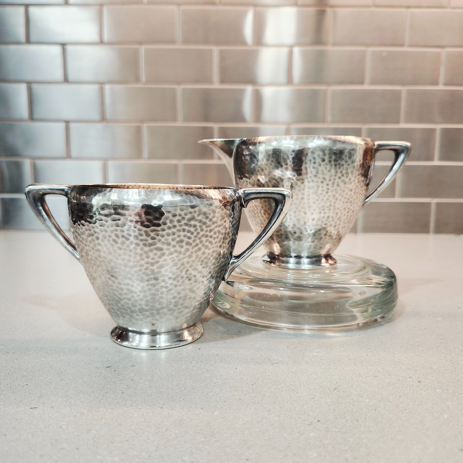 Meriden S.P. Co Vintage Hammered Cream & Sugar Set International Silver Co #3602
