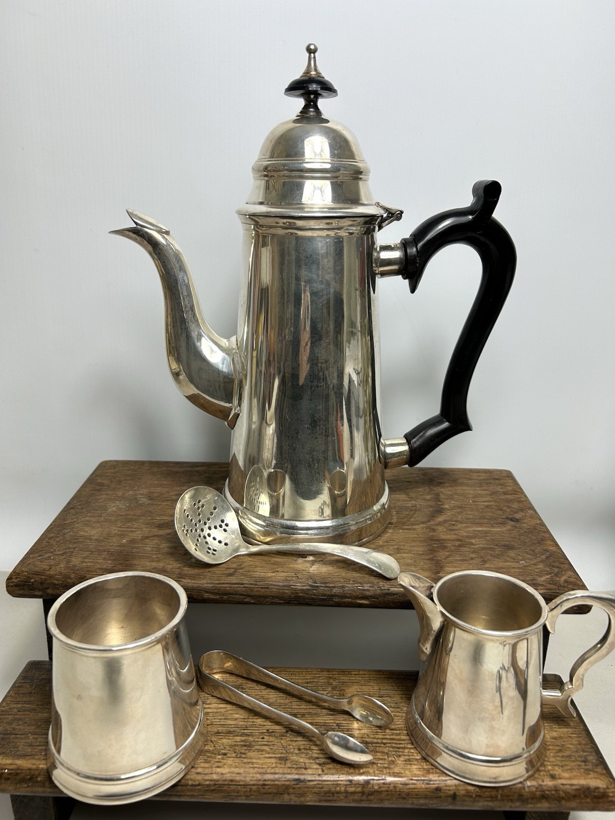 Antique Silver Plated Coffee Set / Cafe Au Lait Pot, Sugar Bowl, Milk Jug, Tongs