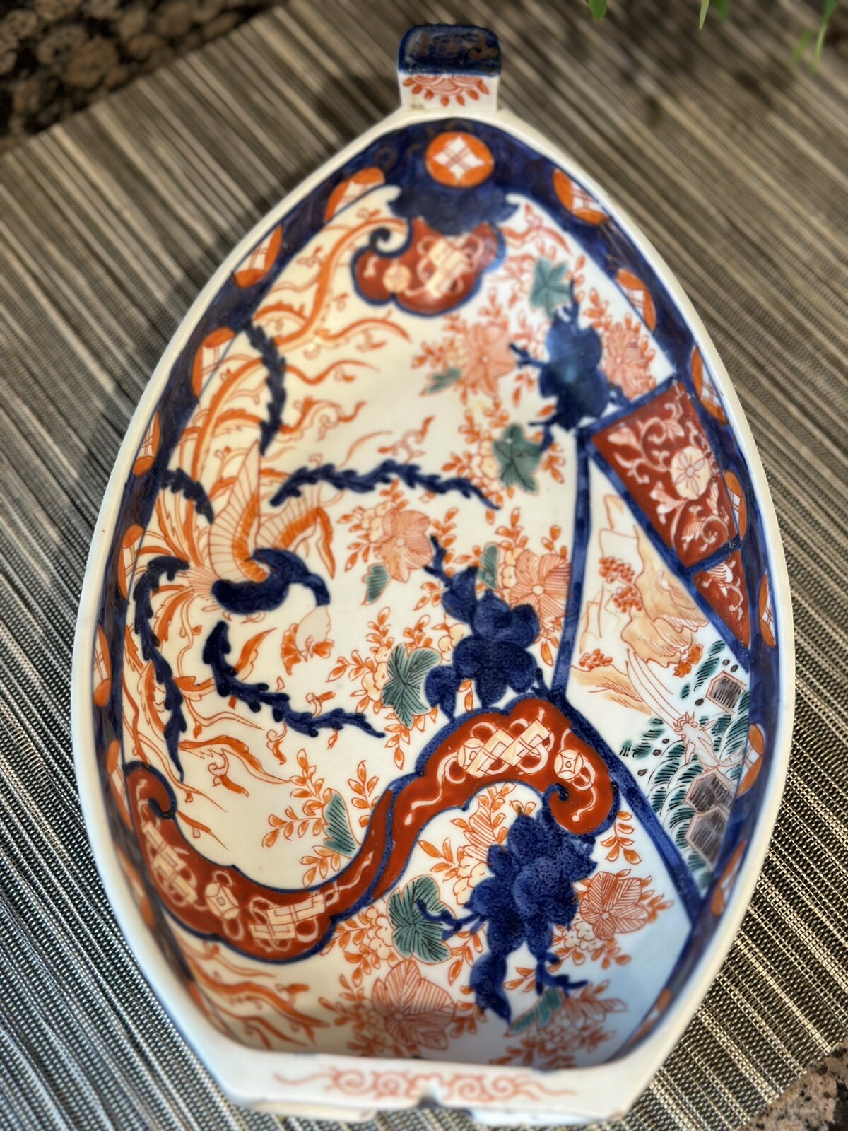 1850-1899 Antique Japanese Meji Period Imari Boat Platter Palatial Hibiscus