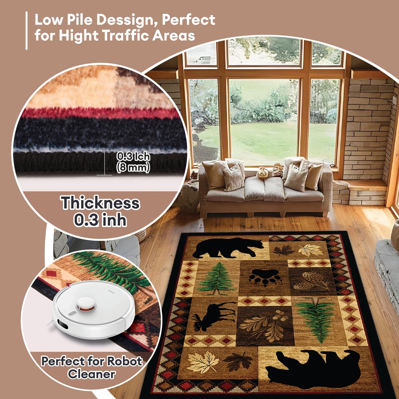 Bear Decor Rustic Throw Area Rugs Moose, 3×5, 4×6, 5×8, 6×9 Ft, Cabin & Livin…