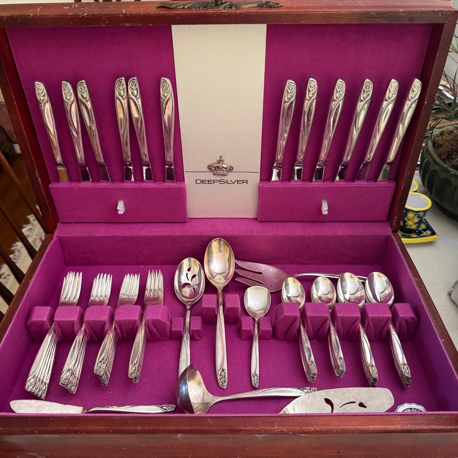 Vintage inlaid silver set “International DEEPSILVER” set of 12 with serving piec