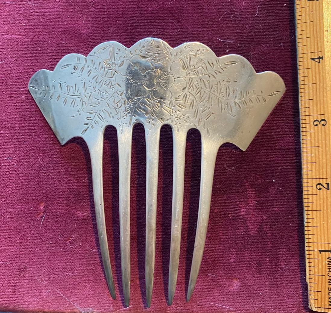 SHIEBLER STERLING SILVER HAIR COMB HAND ETCHED PATTERN GREAT SHAPE SUPER PIECE