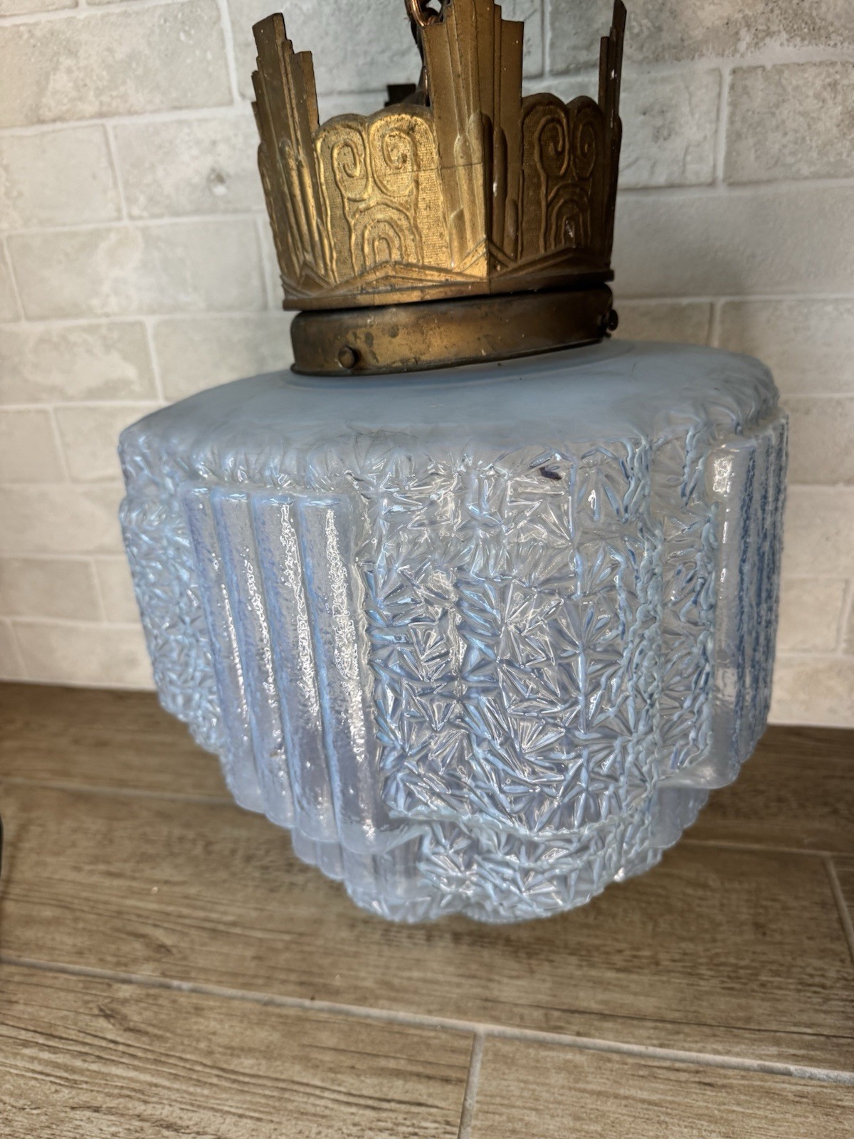 Art Deco Opalescent Ice Blue Stepped Skyscraper Glass Pendant Antique