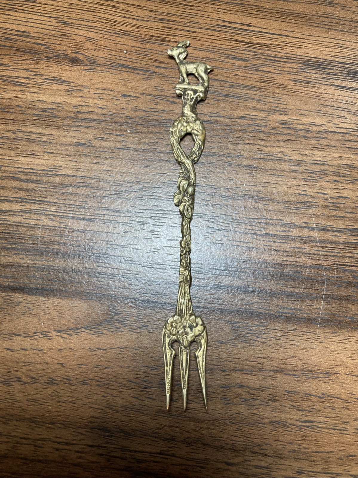 Antique Ornate Italian Brass Serving Fork Made in Italy Bordini Goat on top