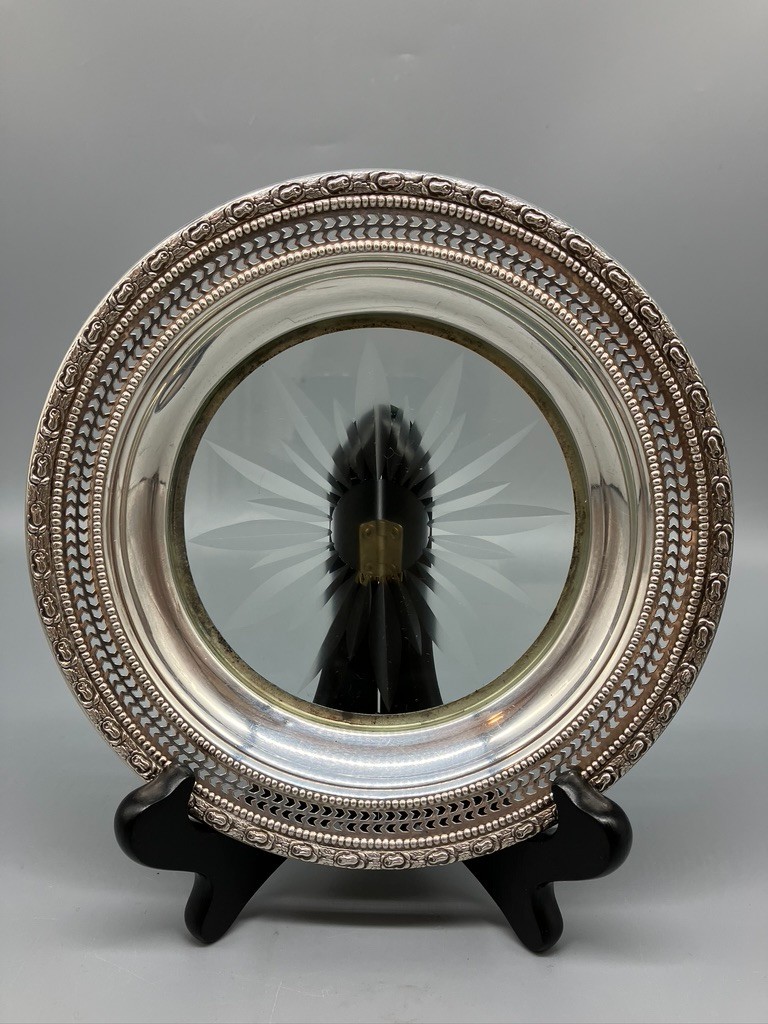 LARGE FRANK M WHITING & CO STERLING SILVER AND CUT GLASS BOTTLE COASTER