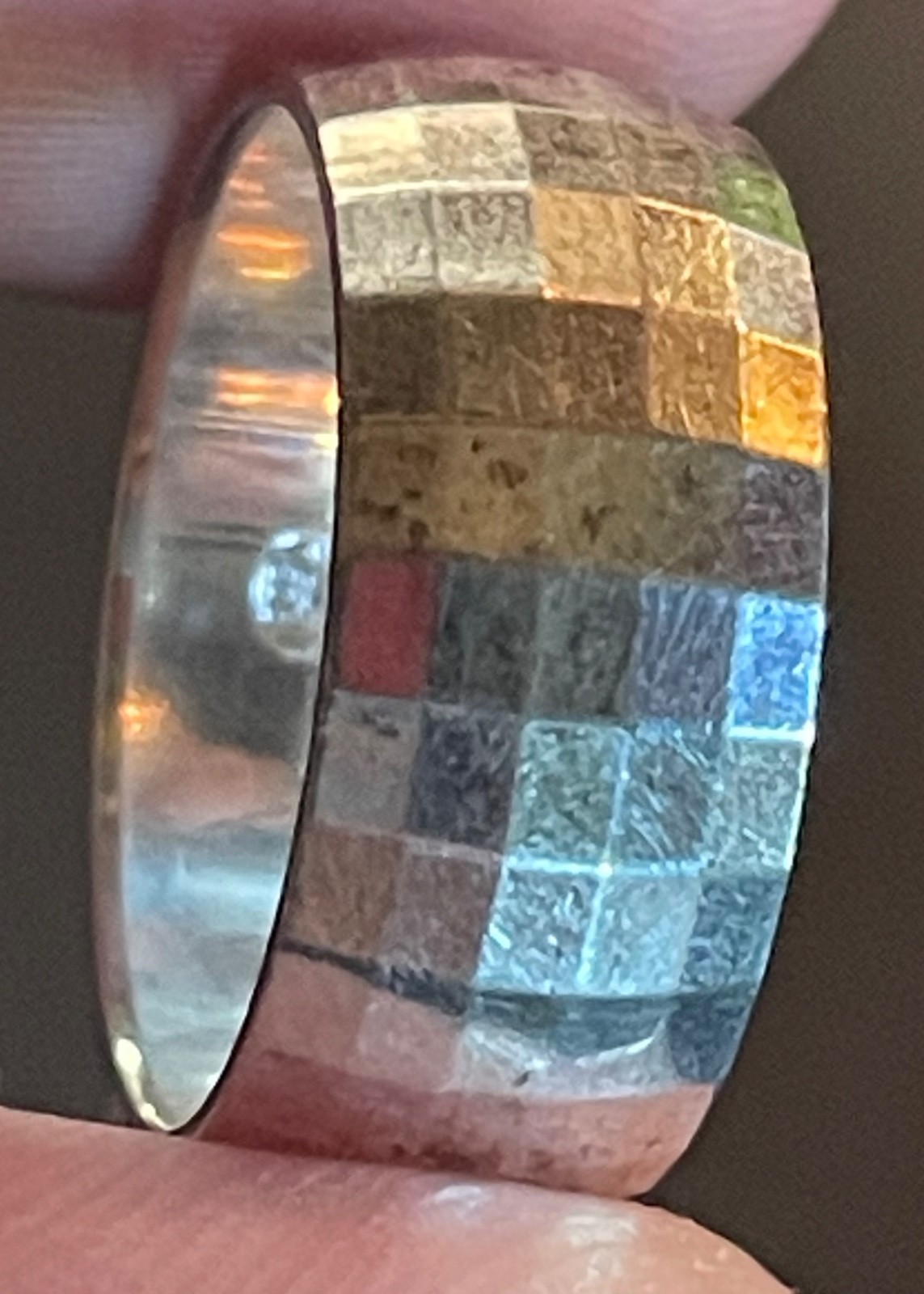 VTG Italy 925 Sterling Silver Disco Ball Faceted Checkerboard Wide Band Ring
