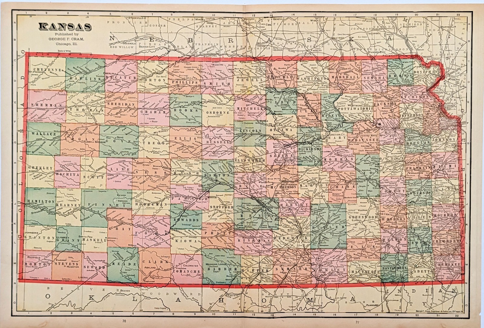 1908 KANSAS Map ORIGINAL (20×13) County Townships Railroads LARGE