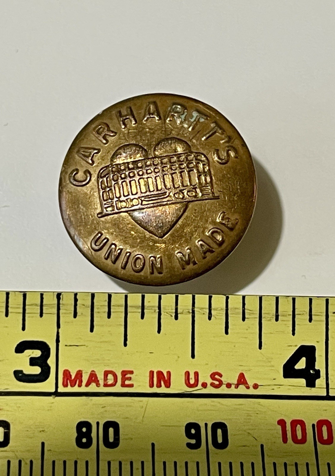 Vtg Carhartt Trolley Heart Button 3/4” Brass Union Made Wobble Shank Antique