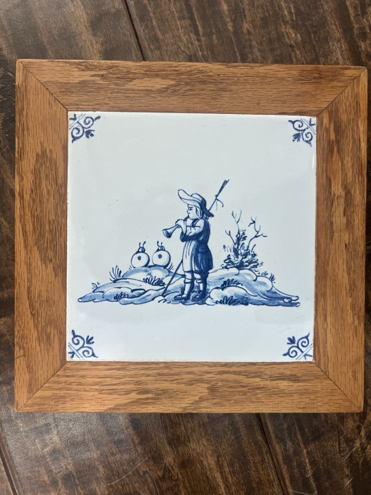 Antique Porcelain Dutch Delft Tile, in wooden frame 7.25” By 7.25” Trivet Signed
