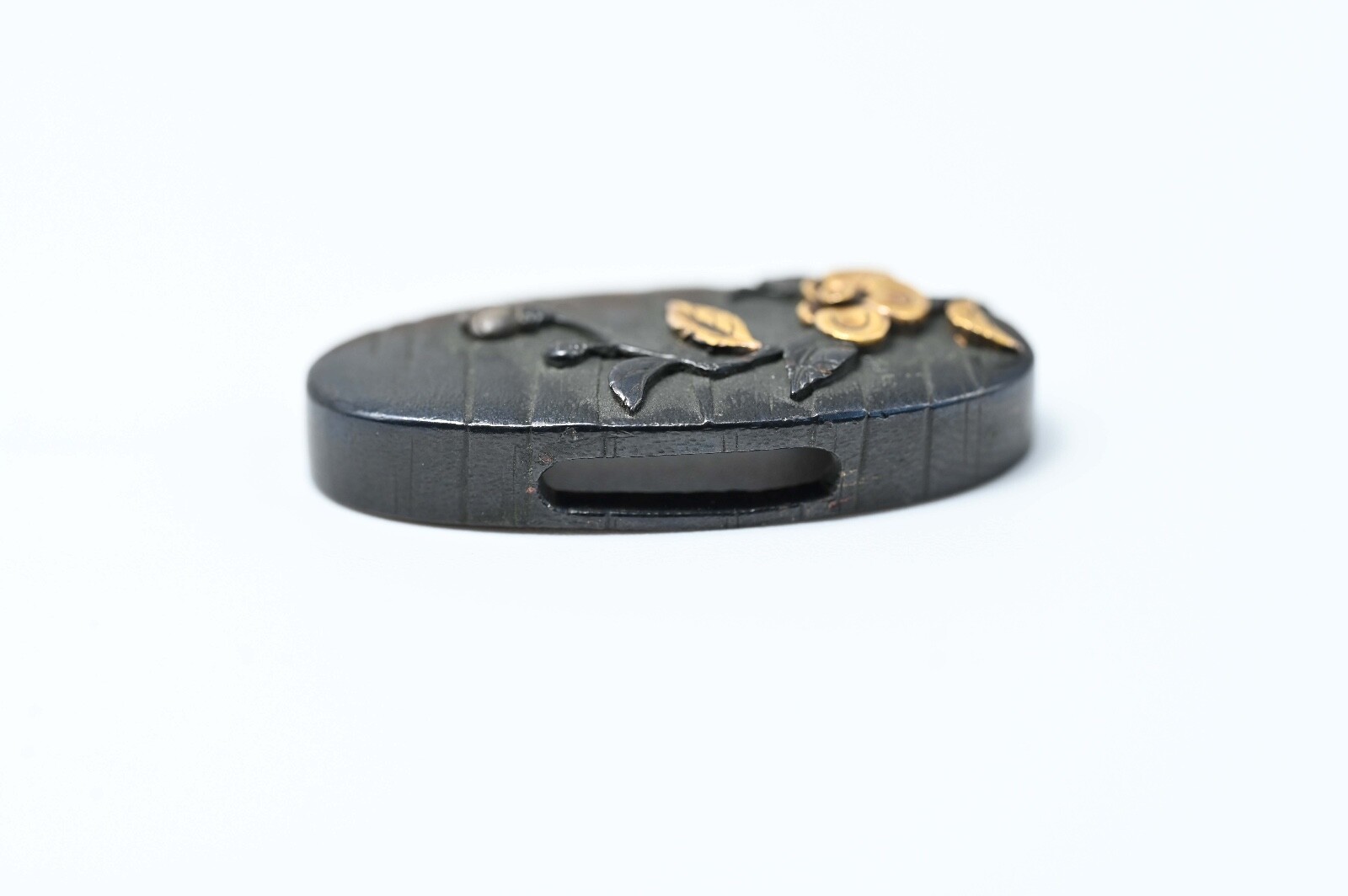 Fuchi Kashira Japanese antique Mumei balloon flower design shakudo Edo era