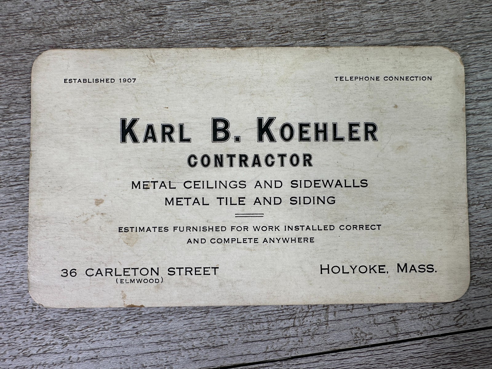 Vintage Karl B. Koehler Contractor Business Card Holyoke MA Metal Ceilings 1907