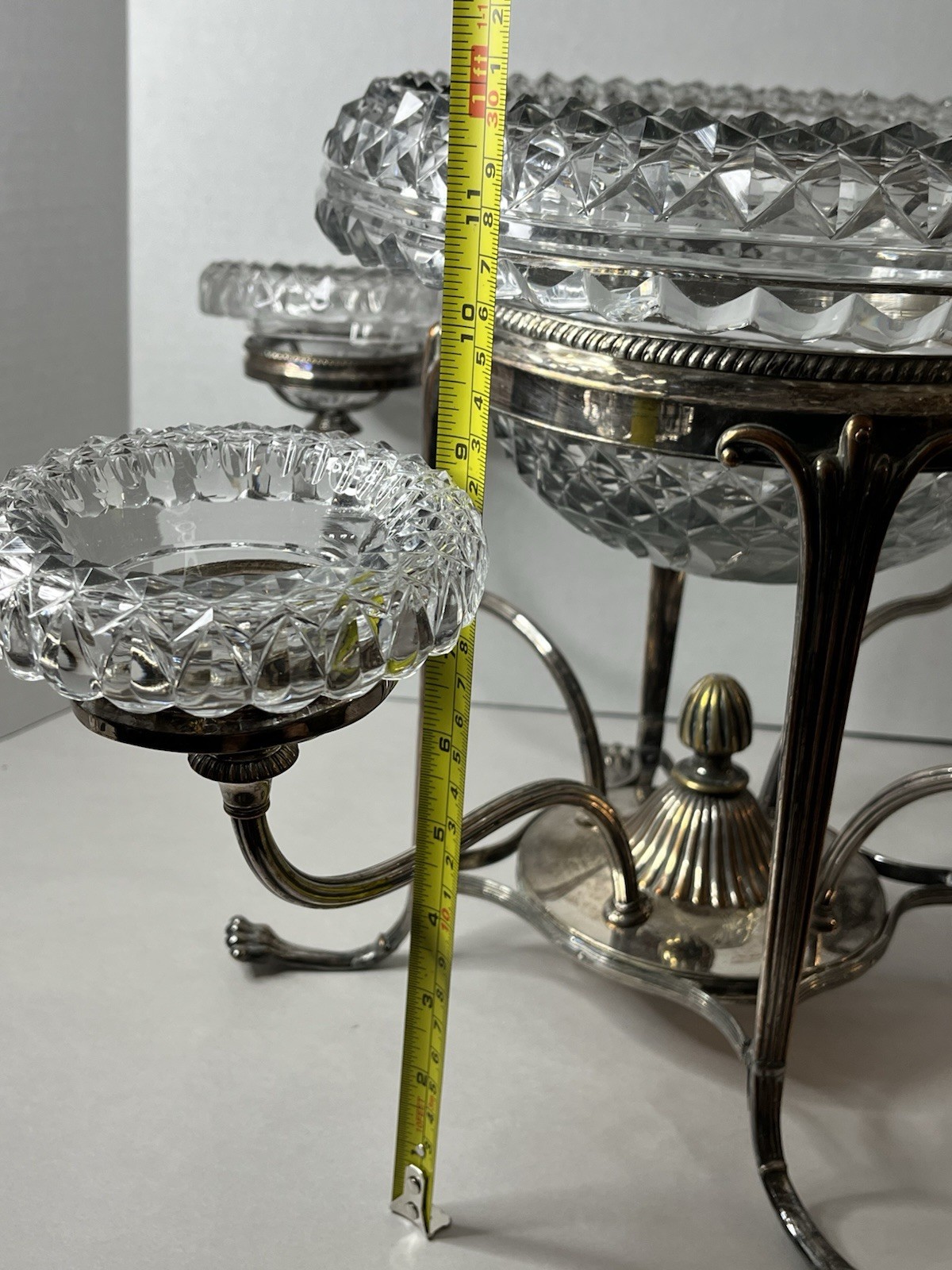 Antique Silver Plate Footed Epergne w 1 Lg 4 Sm Leaded Cut Glass Bowls
