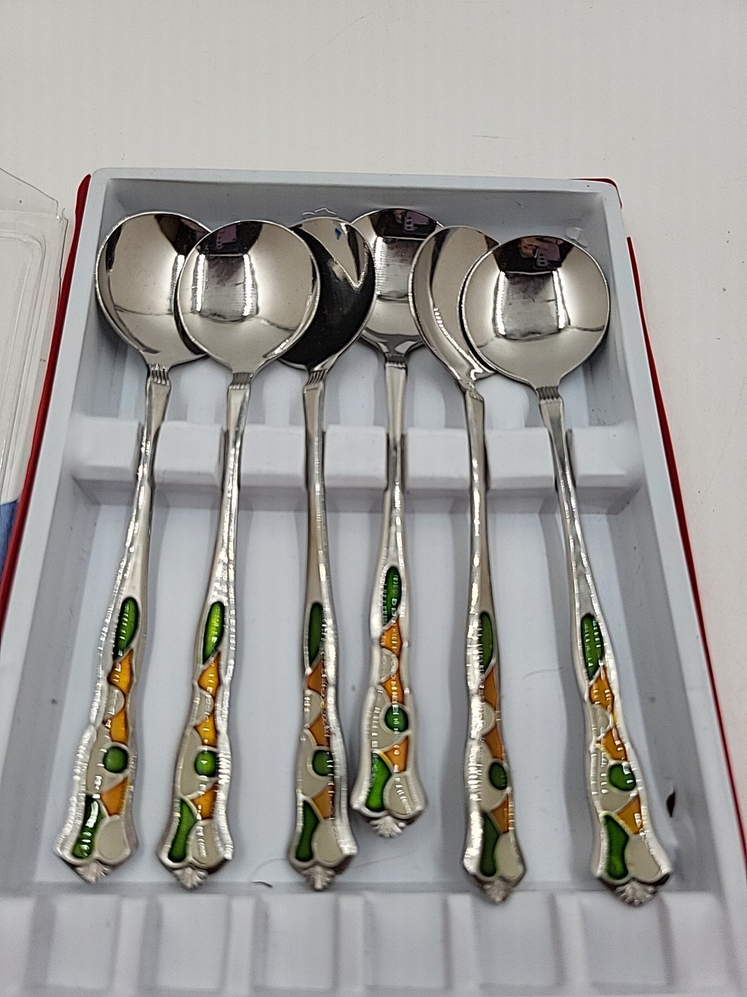 6 Pc enamel decorated soup spoons stainless Steel