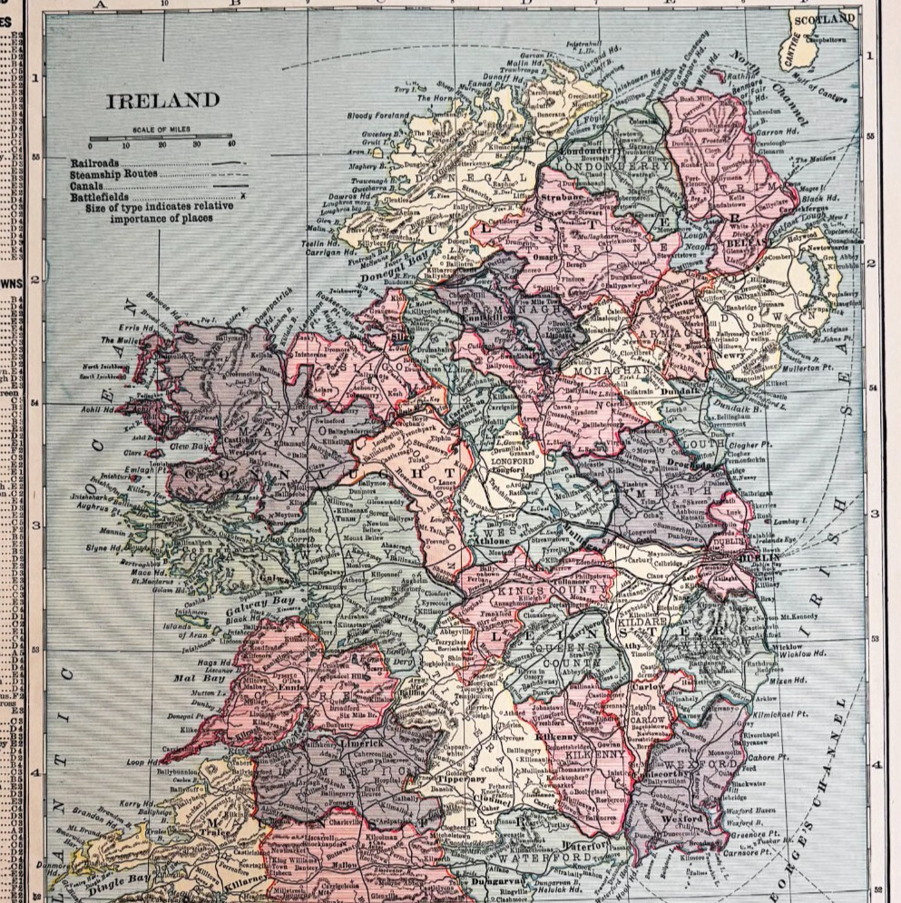 1917 Ireland Map Atlas Of The World Europe WW1 Era United Kingdom DWUU1B