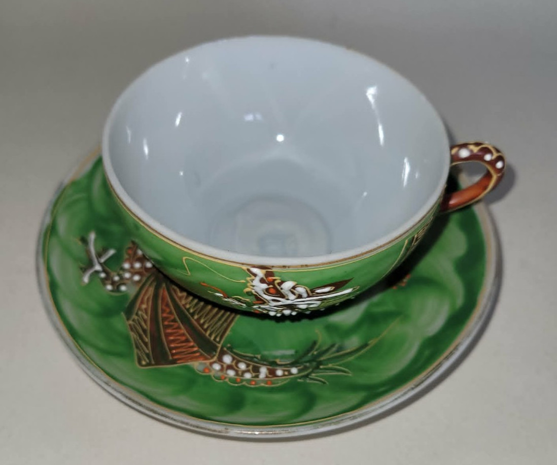 Vintage Japanese Lithothane Geisha Hand Painted Eggshell Dragonware Cup & Saucer