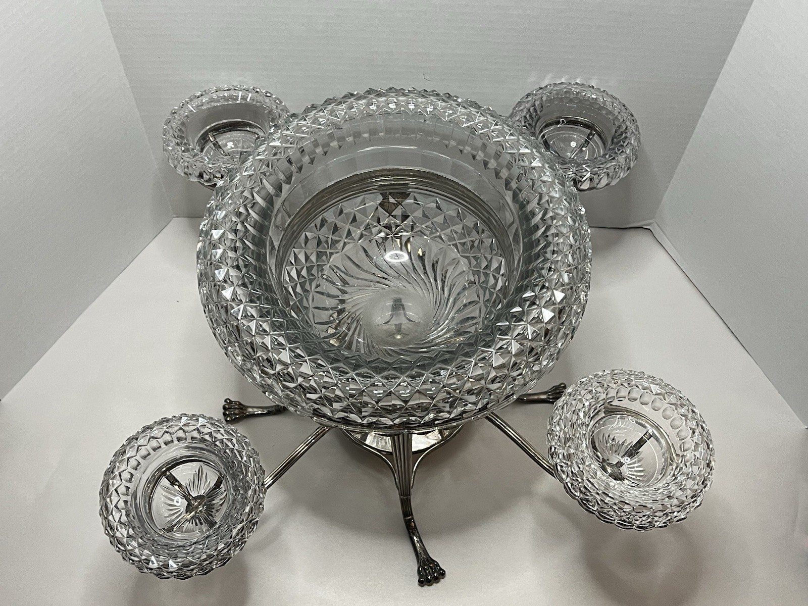 Antique Silver Plate Footed Epergne w 1 Lg 4 Sm Leaded Cut Glass Bowls