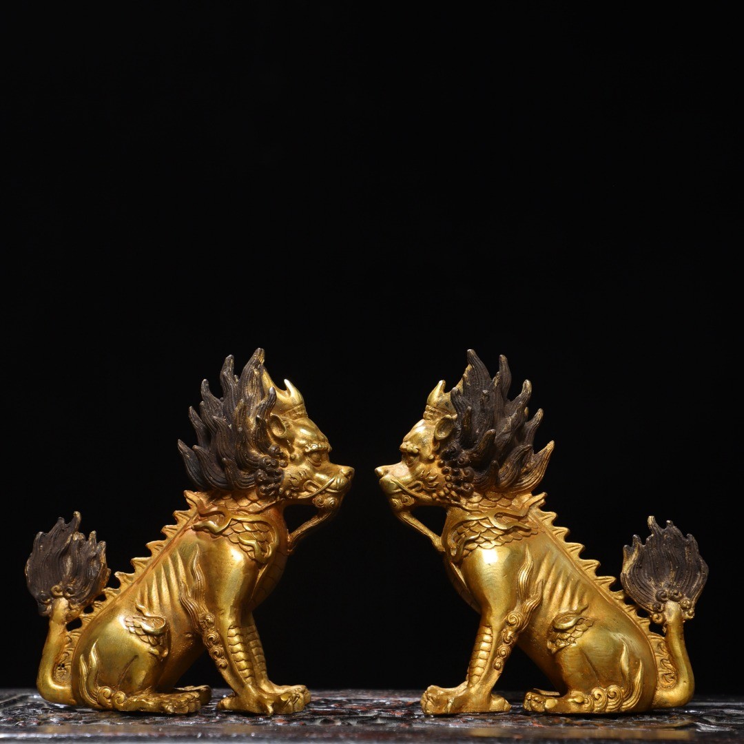 5.9″ Old Collection Treasure Bronze Gilt A Pair [ Kylin ] Ornaments