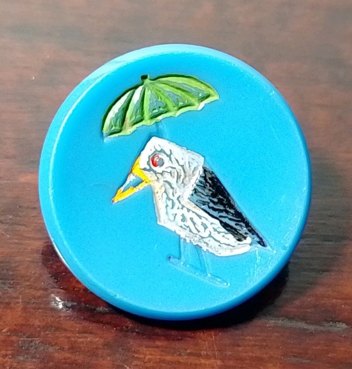 Vintage Quirky Bird Umbrella Blue Glass Unique Painted Art Design Czech Button