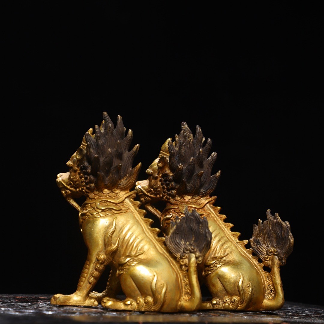 5.9″ Old Collection Treasure Bronze Gilt A Pair [ Kylin ] Ornaments