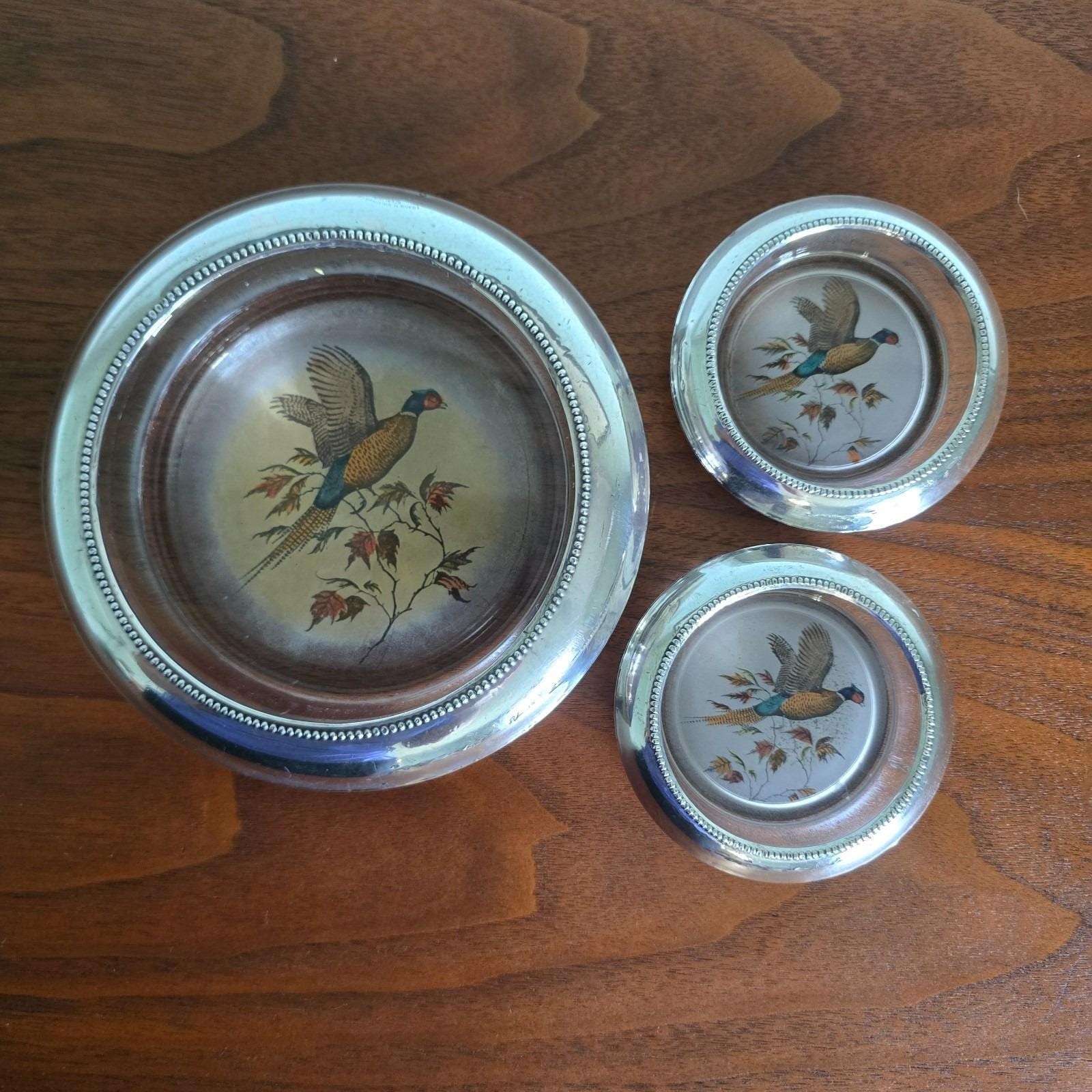 Vintage Frank M Whiting Sterling Silver Pheasant Coaster Set 3 Pc Large Small