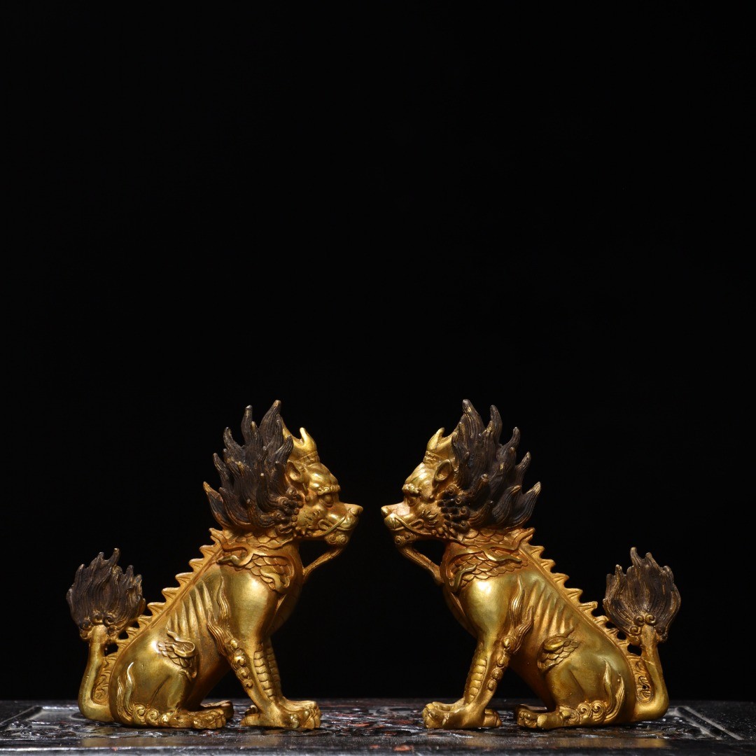 5.9″ Old Collection Treasure Bronze Gilt A Pair [ Kylin ] Ornaments