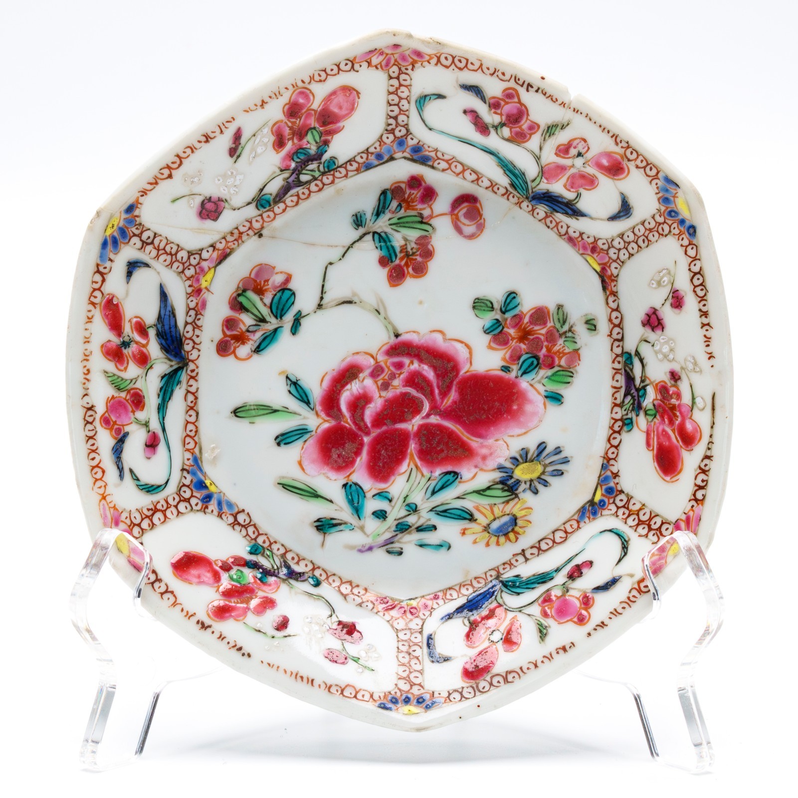 Chinese Porcelain Yongzheng Saucer Famille Rose Flower Symbol Scrolls Qing 18C