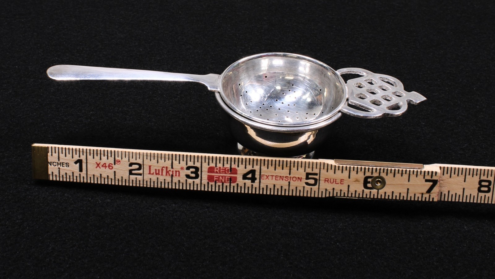 Vintage Silver Plated Tea Strainer With Drip Cup Ornate Crown Lattice Design