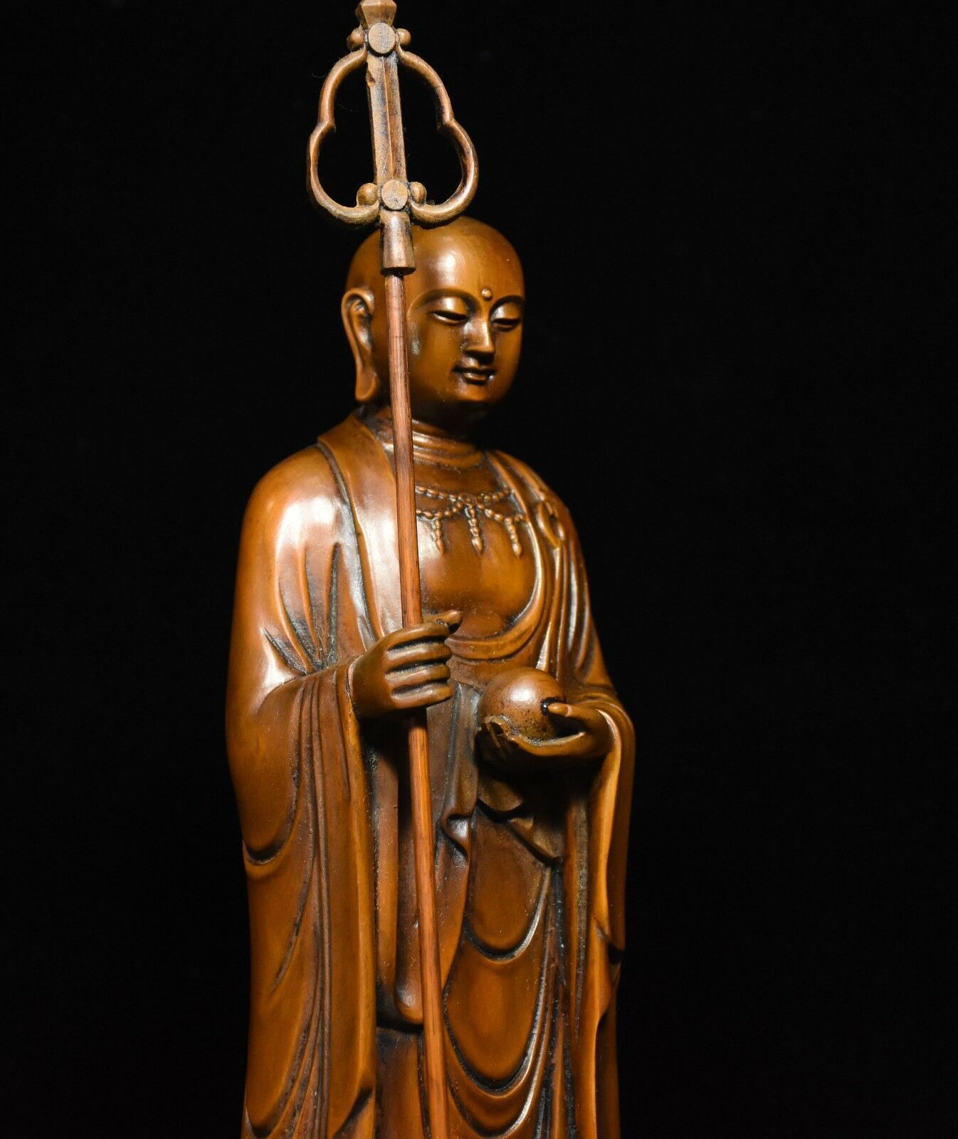Chinese Buddhism Boxwood Wood Carve Stand Ksitigarbha Boddhisattva Buddha Statue