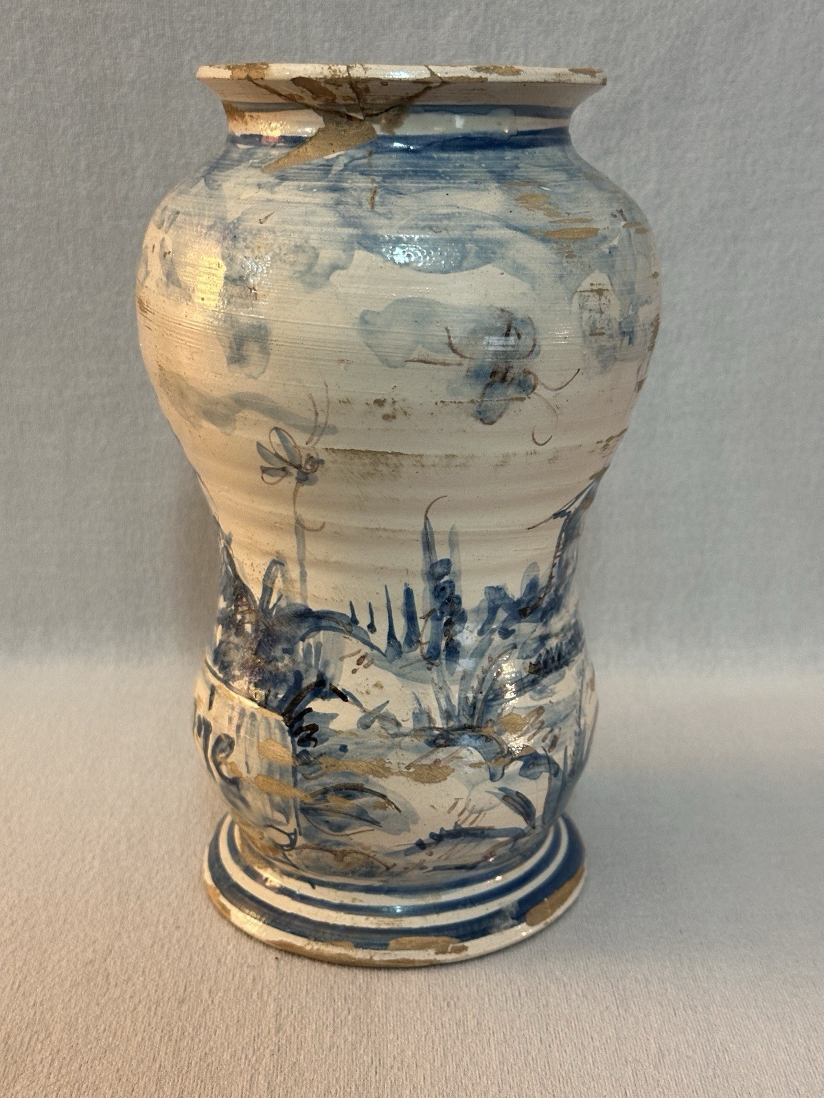 Antique Italian Majolica Blue/White Albarello Drug Jar, Bacchus, 17th C. – 8 in.