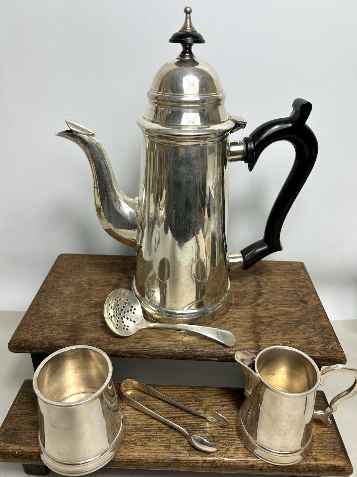 Antique Silver Plated Coffee Set / Cafe Au Lait Pot, Sugar Bowl, Milk Jug, Tongs