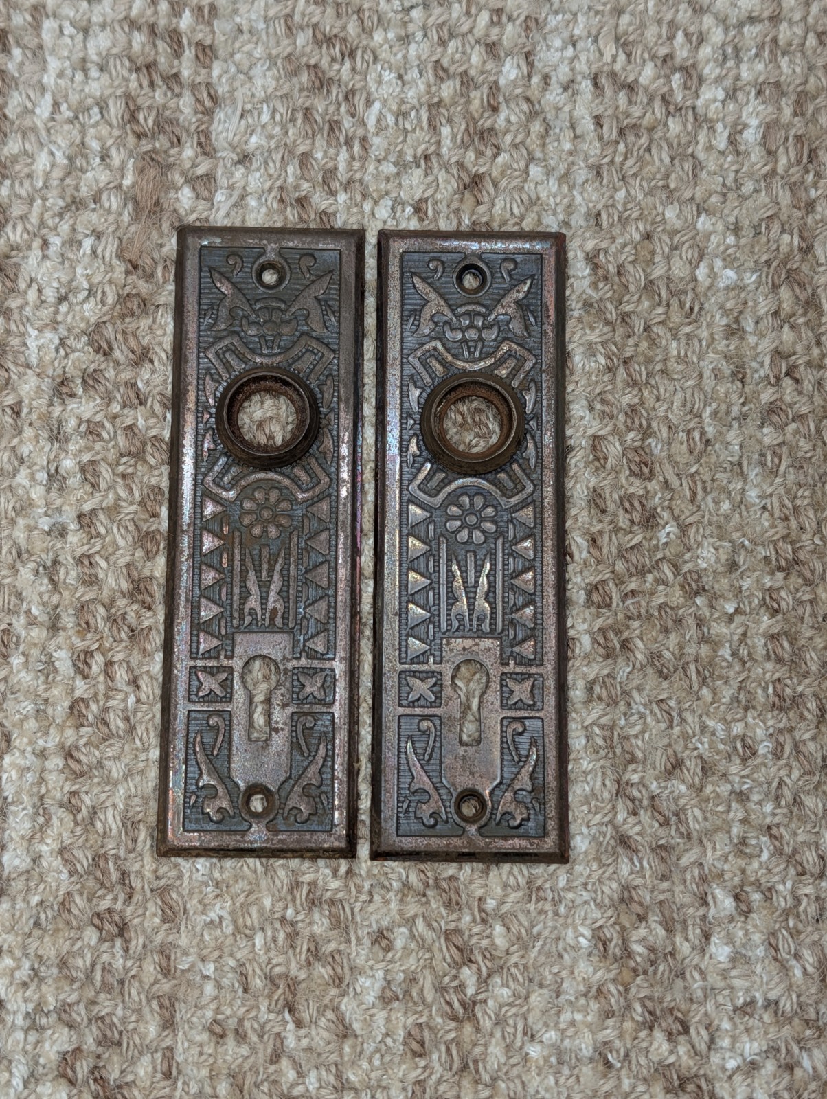 Pair 1 5/8″ x 5 1/2″ Antique Sargent Stamped Steel Door Knob Plates Circa 1890