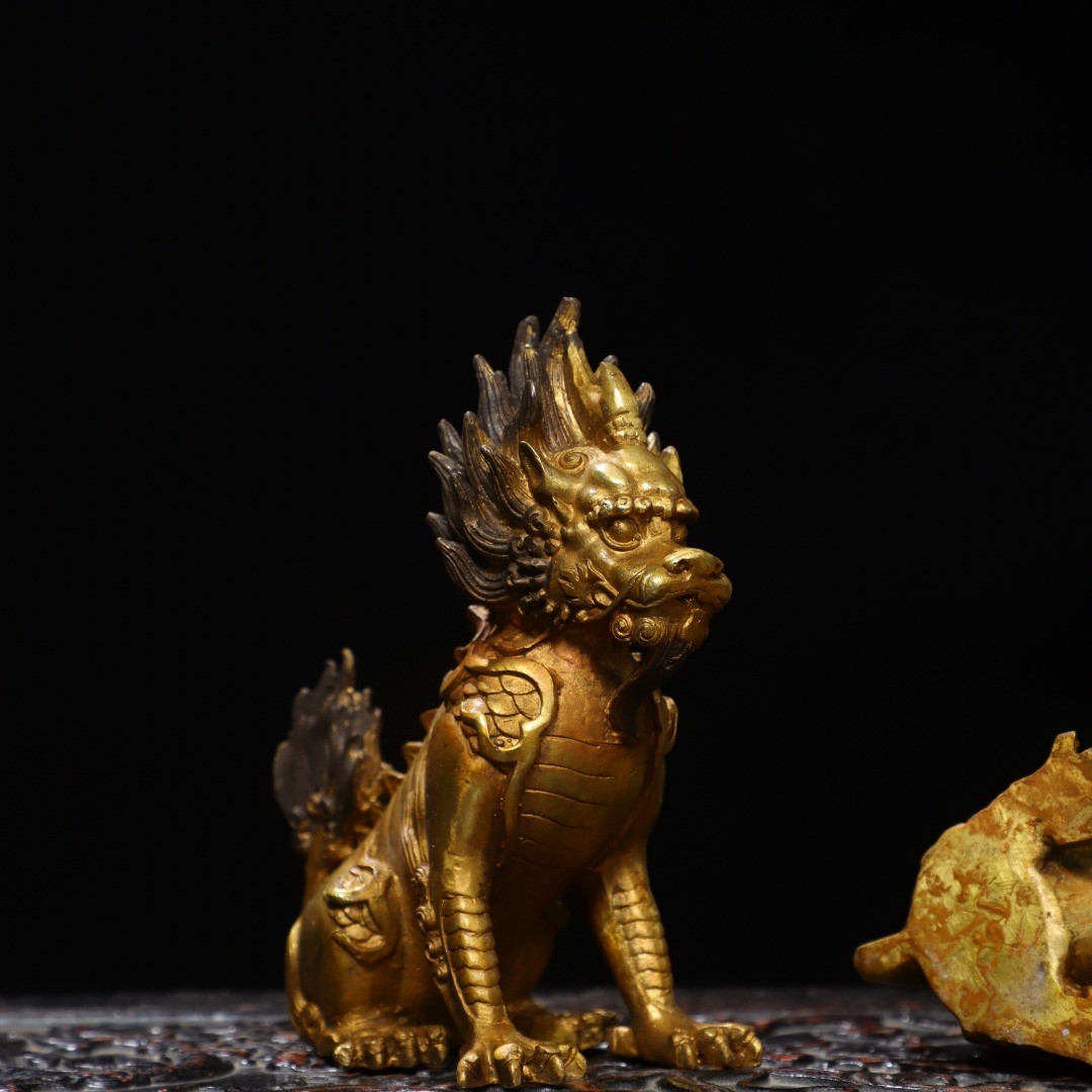 5.9″ Old Collection Treasure Bronze Gilt A Pair [ Kylin ] Ornaments
