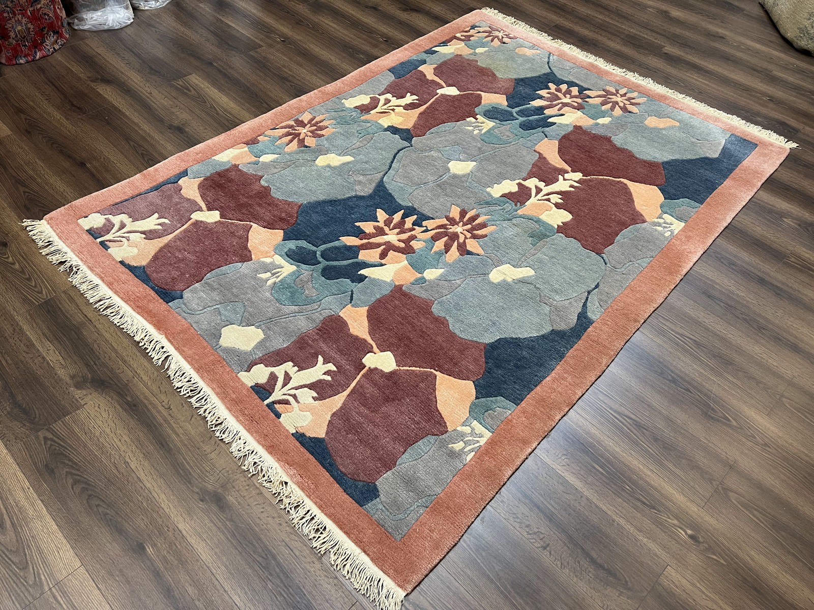 Modern Tibetan Wool Rug 5.7 x 7.9 Abstract Multicolor Flowers Navy Blue Maroon