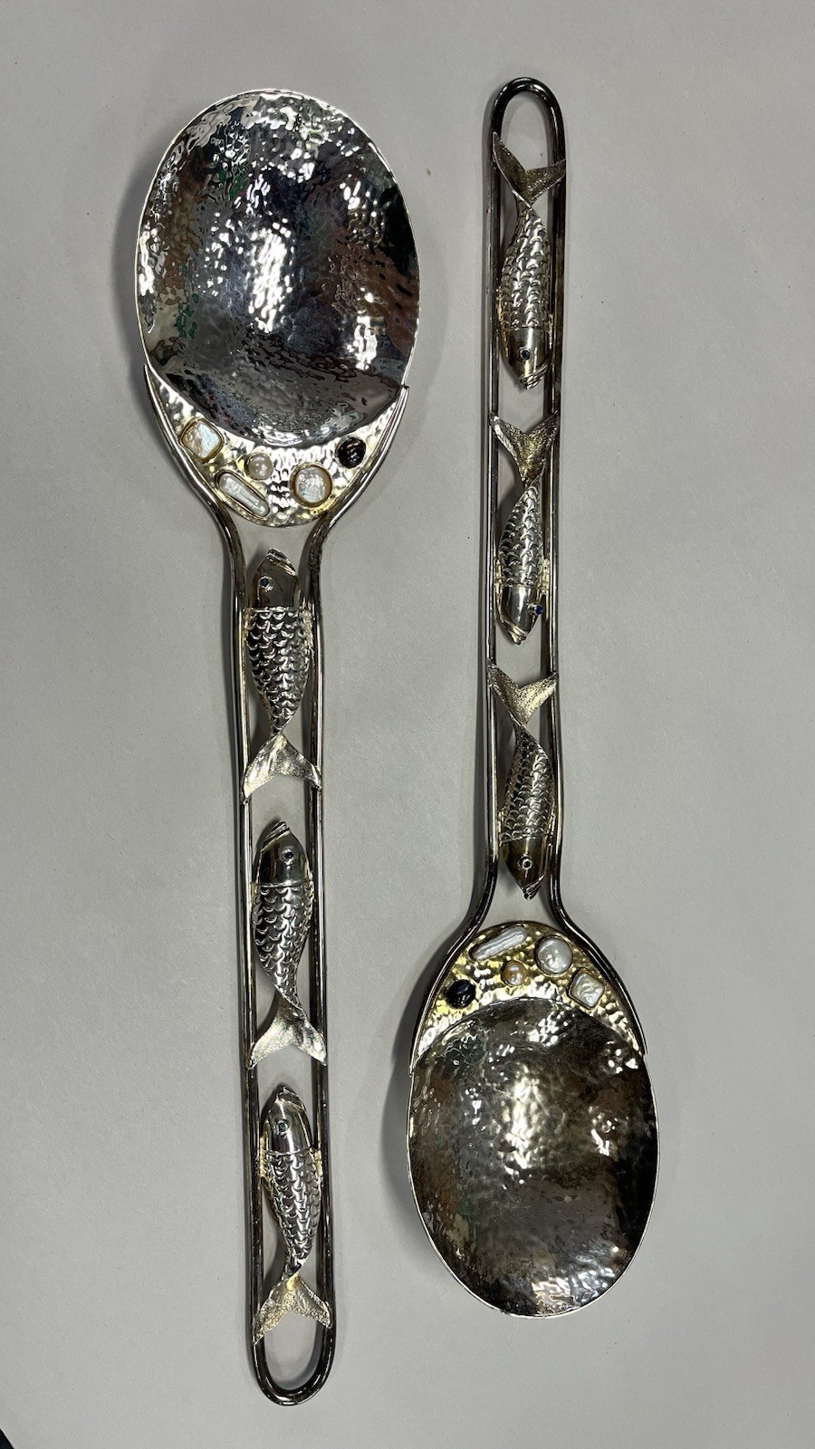 Los Castillos Silver plate Large 17” Serving Spoons w Stones