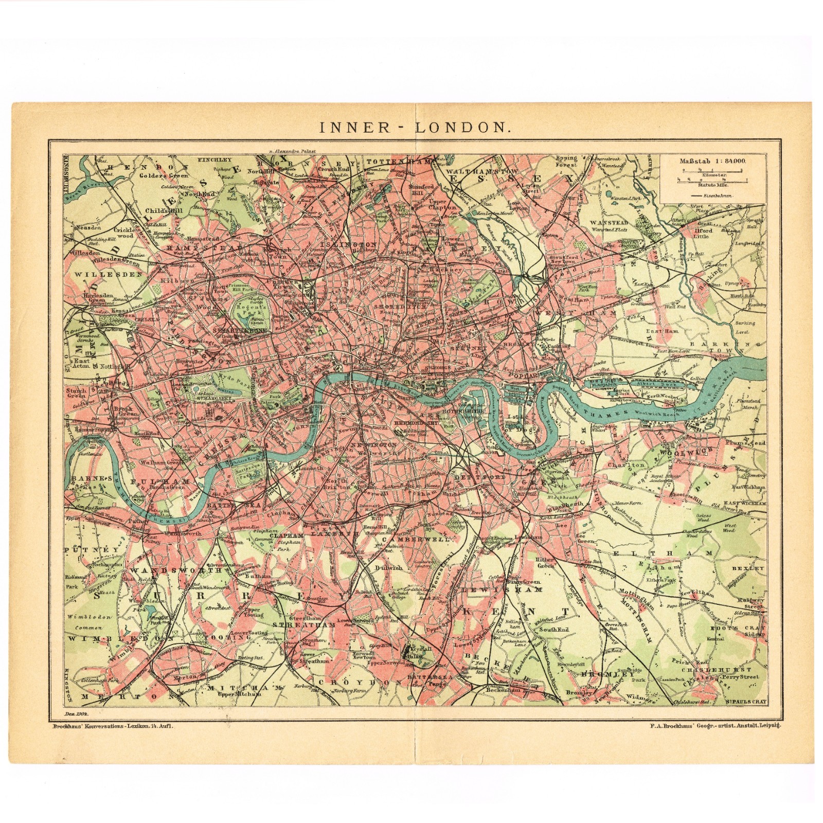 LONDON England Antique 1904 dated map United Kingdom ORIGINAL Great Britain