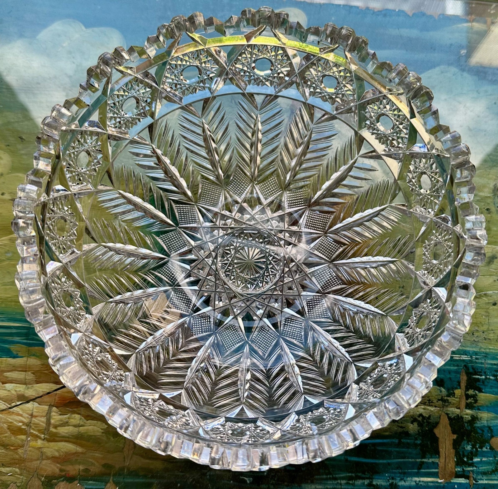 SCARCE American Brilliant Period ABP Cut Glass 8″ Bowl -OHIO FERN!!